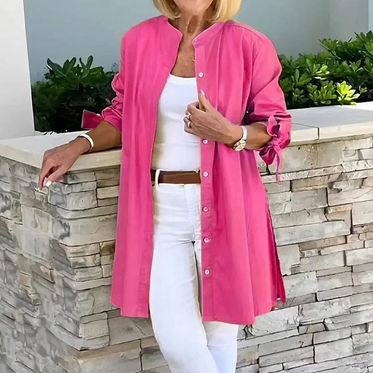Women's long shirt – Relaxed fit – Full button front – Side slits – Breathable fabric