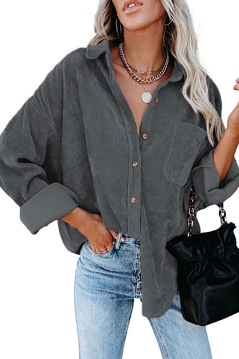 Women's shirt – Oversized fit – Textured fabric – Casual style with classic collar
