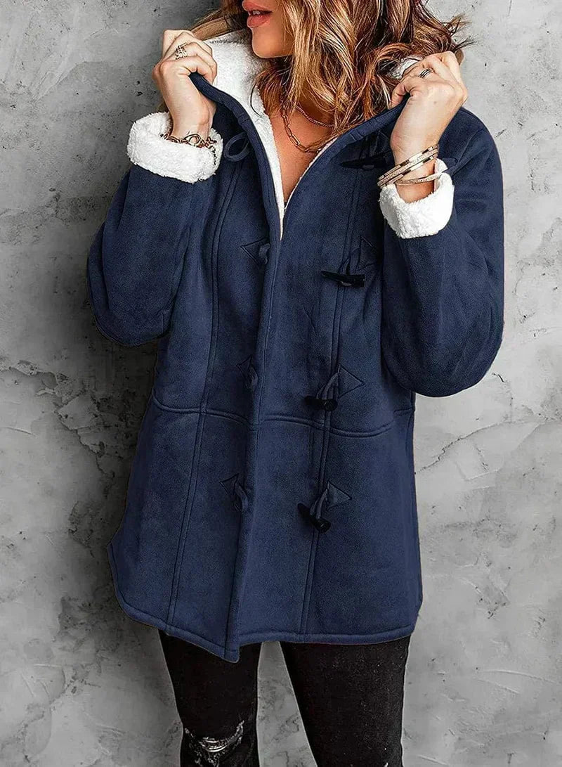 Veste polaire femme – Coupe décontractée – Capuche – Boutons brandebourg – Longueur mi-cuisse