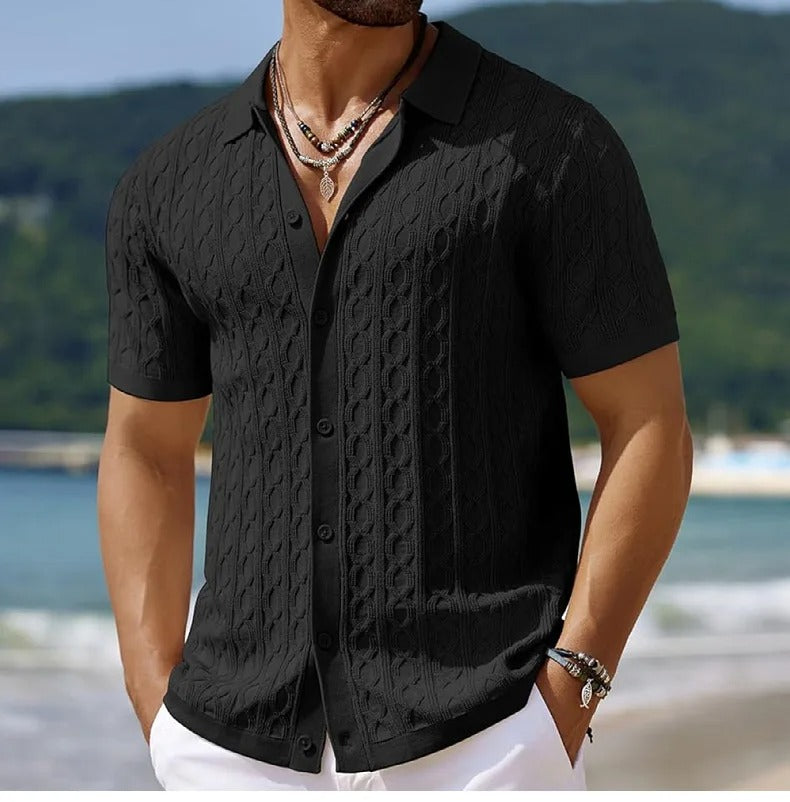 Men's polo – Slim fit – Soft jacquard knit – Short sleeves – Retro buttoning