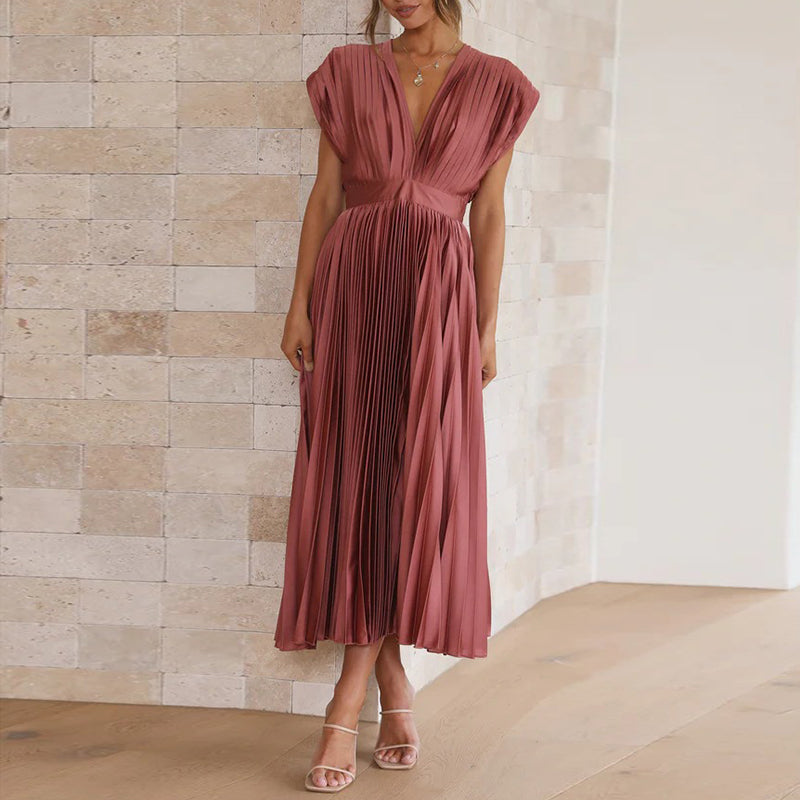 Women's midi dress – Sleeveless – Flared cut – Pleated fabric – Elegant open back