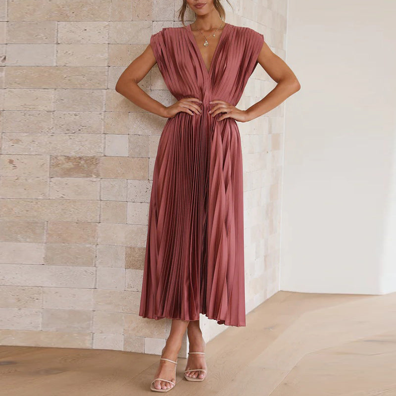 Women's midi dress – Sleeveless – Flared cut – Pleated fabric – Elegant open back