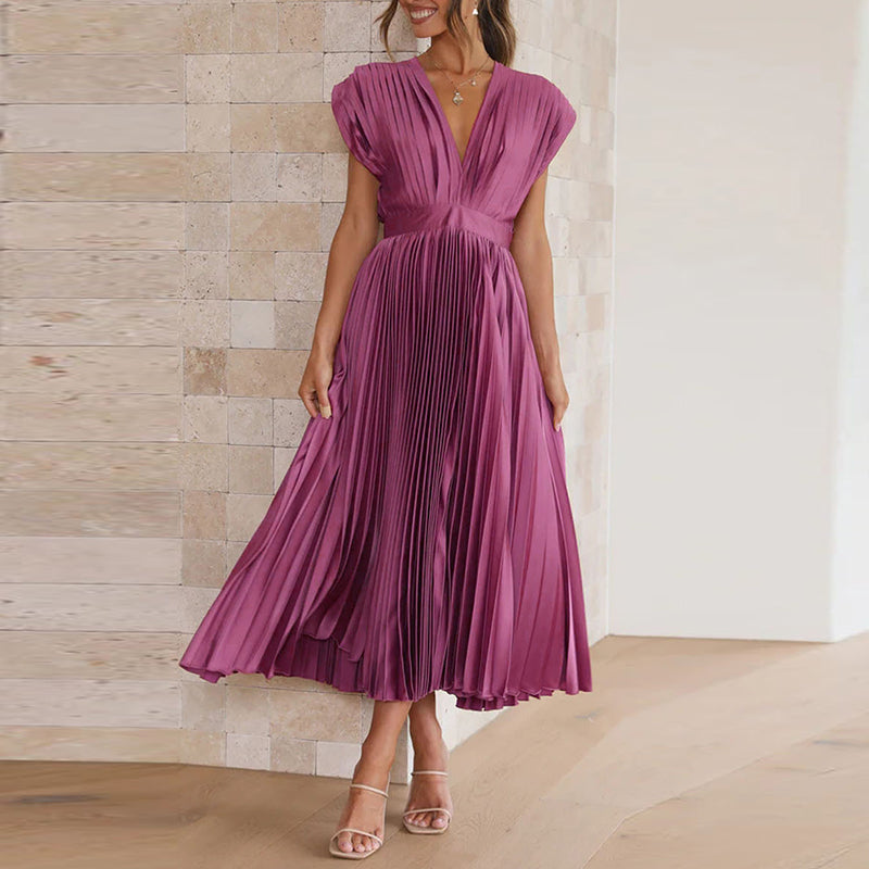 Women's midi dress – Sleeveless – Flared cut – Pleated fabric – Elegant open back