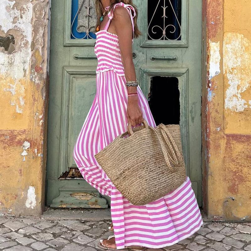 Women's long dress – Tied straps – Smocked bodice – Ruffled skirt – Breathable fabric