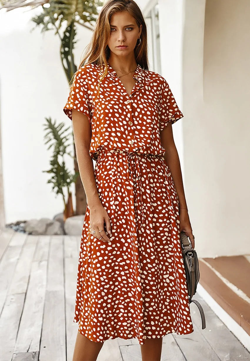 Women's midi dress – Relaxed fit – Breathable fabric – Short sleeves – Buttoned