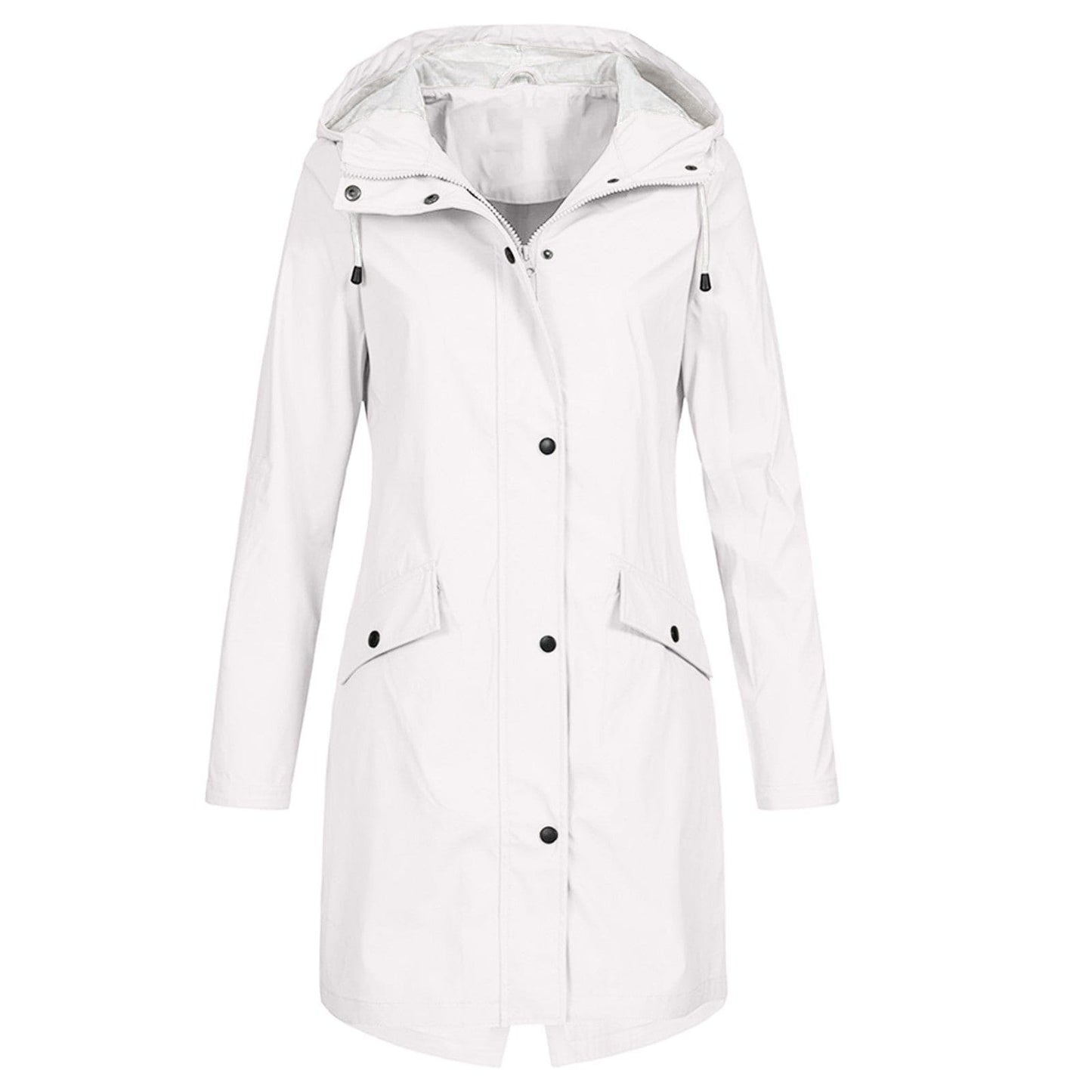 Veste imperméable femme – Coupe longue – Capuche – Poches à rabat – Boutons pression