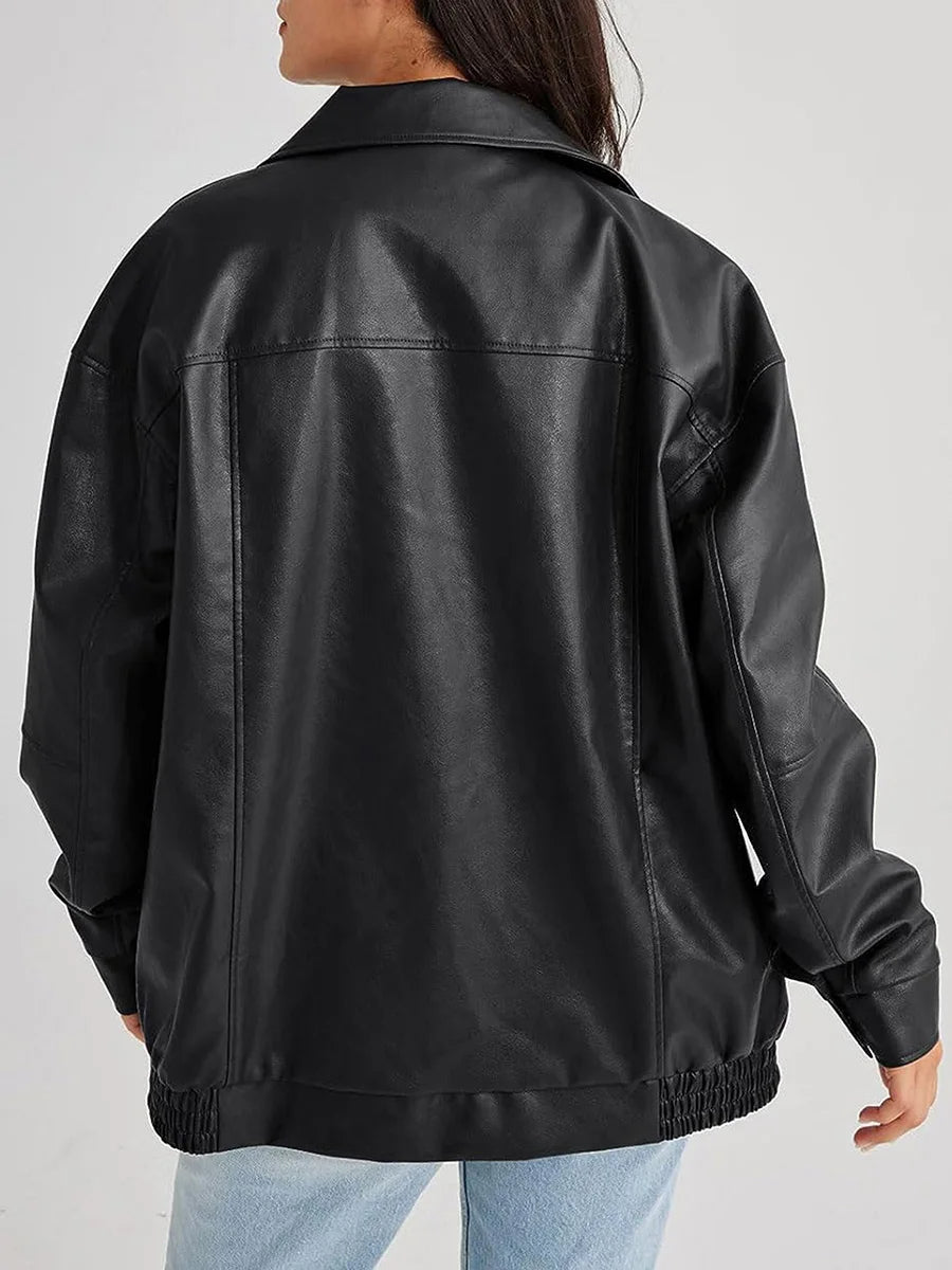 Blouson femme – Coupe oversize – Effet cuir lisse – Col large zippé structuré