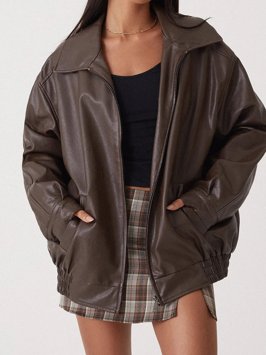 Blouson femme – Coupe oversize – Effet cuir lisse – Col large zippé structuré