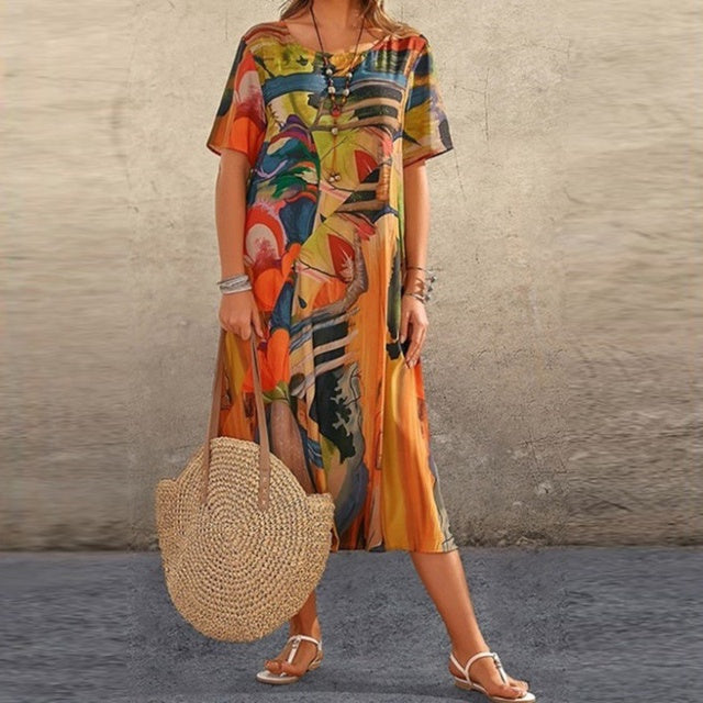 Women's midi dress – Relaxed fit – Short sleeves – Abstract print – Natural fibers
