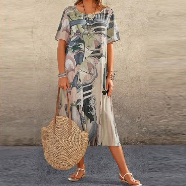 Women's midi dress – Relaxed fit – Short sleeves – Abstract print – Natural fibers