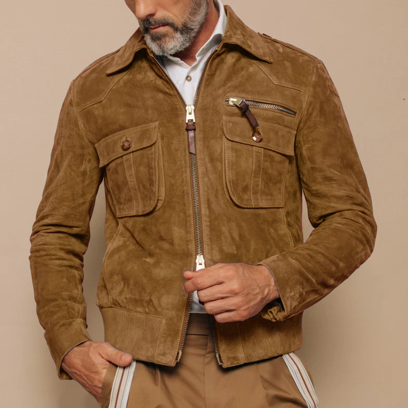 Blouson bomber homme – Coupe ajustée – Suédine douce – Poches poitrine – Zip double sens