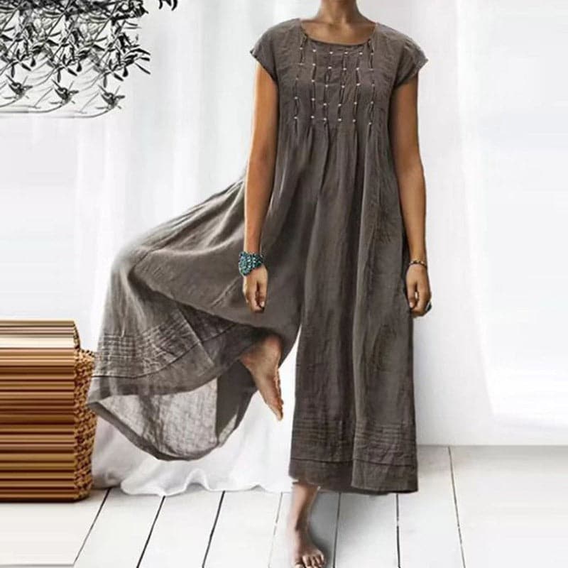 Jumpsuit for women – Fluid fit – Short sleeves – Natural fibers – Pleated round neck