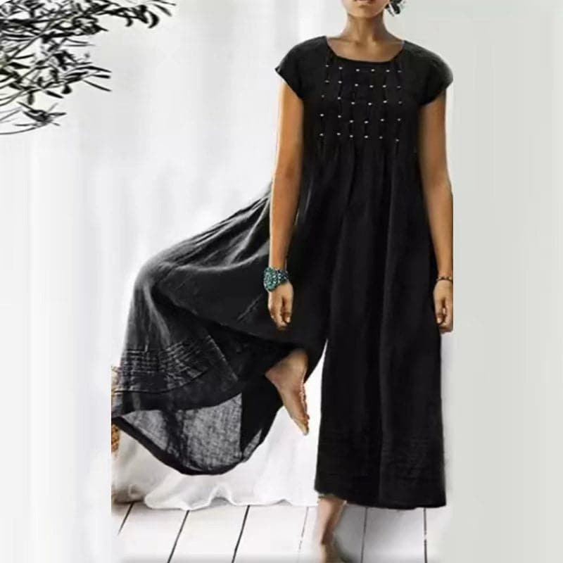 Jumpsuit for women – Fluid fit – Short sleeves – Natural fibers – Pleated round neck