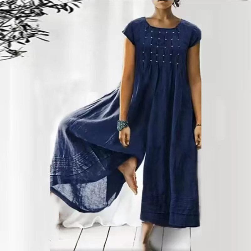 Jumpsuit for women – Fluid fit – Short sleeves – Natural fibers – Pleated round neck