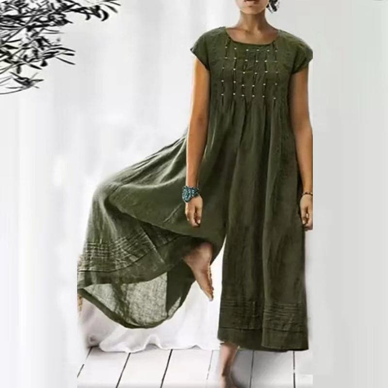 Jumpsuit for women – Fluid fit – Short sleeves – Natural fibers – Pleated round neck