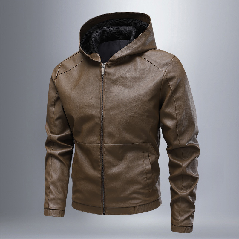 Veste à capuche homme – Coupe slim – Aspect cuir lisse – Fermeture zippée – Longueur hanches