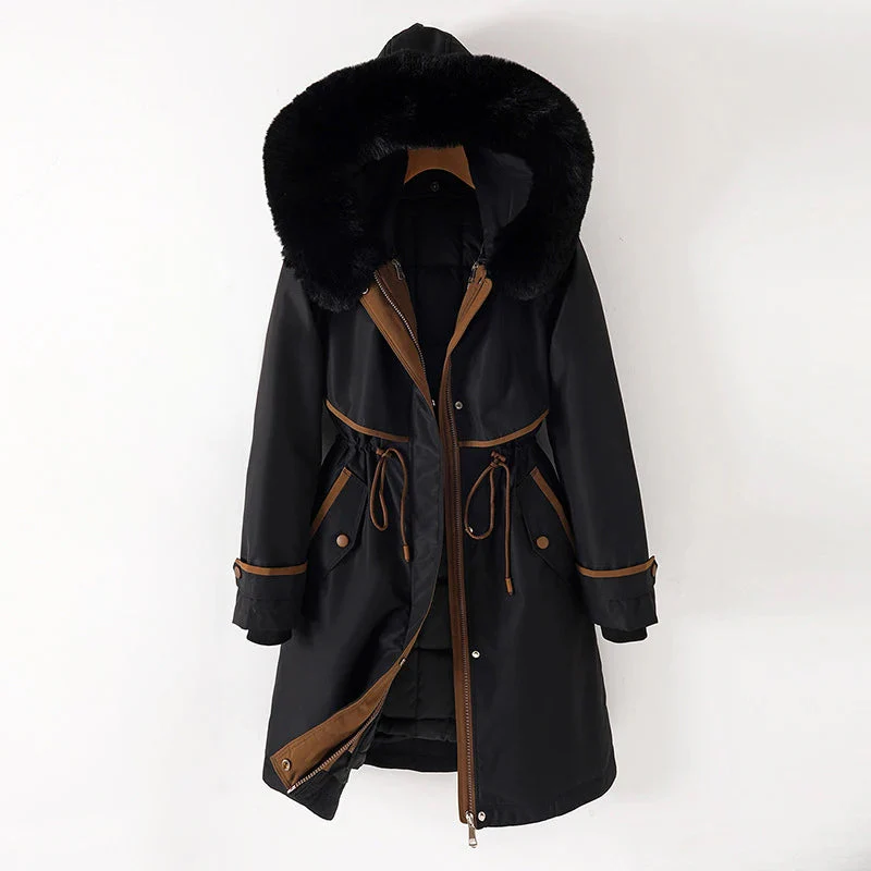 Veste parka femme – Longue coupe ajustable – Capuche à fourrure – Doublure matelassée