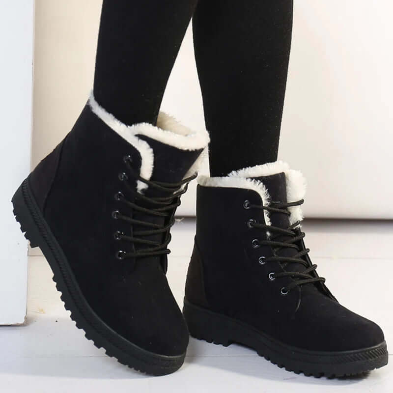 Women Ankle Boots - Faux Fur Lined – Suede Feel – Ankle Height – Lace-Up – Rugged Sole