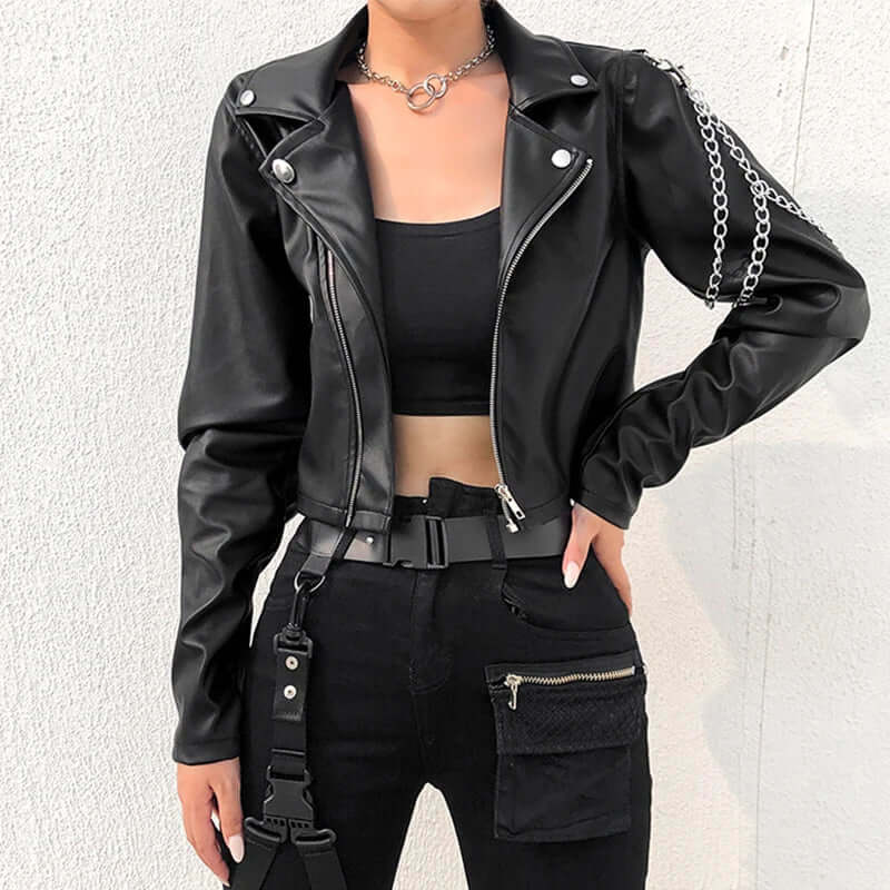 Blouson biker femme – Coupe slim – Similicuir – Zip asymétrique – Détails chaînes
