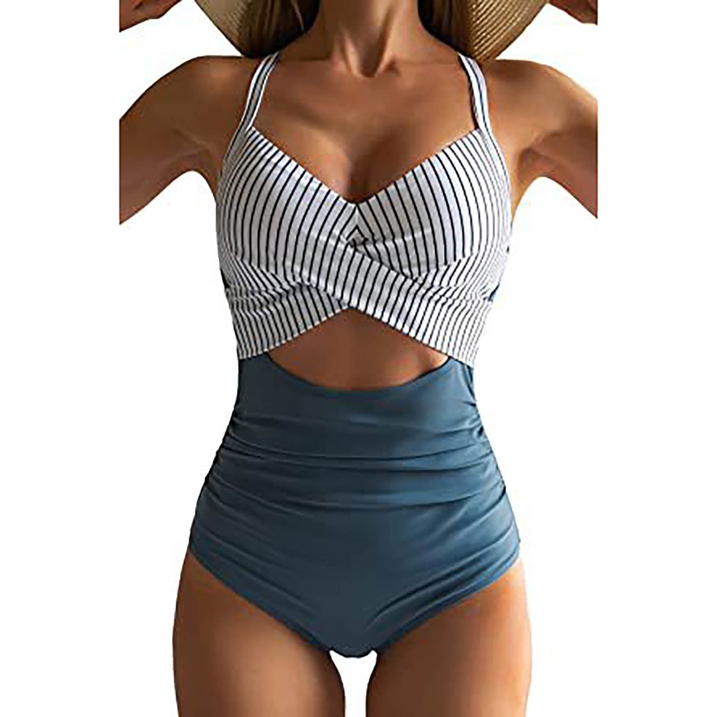 One-piece women's swimsuit – Slim fit – Padded cups – Cross-tie neckline – Trendy cut