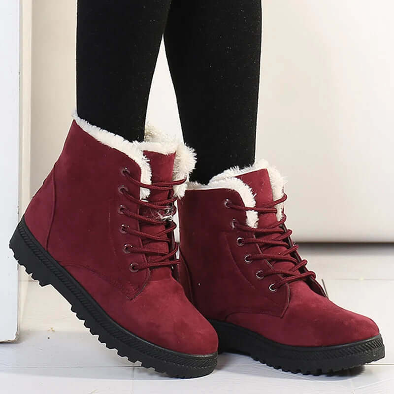 Women Ankle Boots - Faux Fur Lined – Suede Feel – Ankle Height – Lace-Up – Rugged Sole