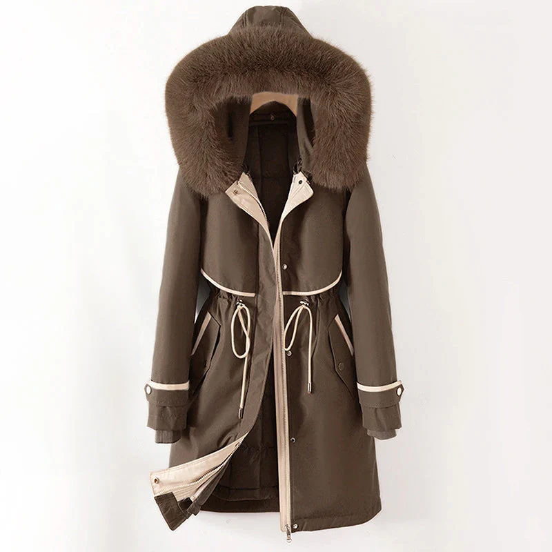 Veste parka femme – Longue coupe ajustable – Capuche à fourrure – Doublure matelassée