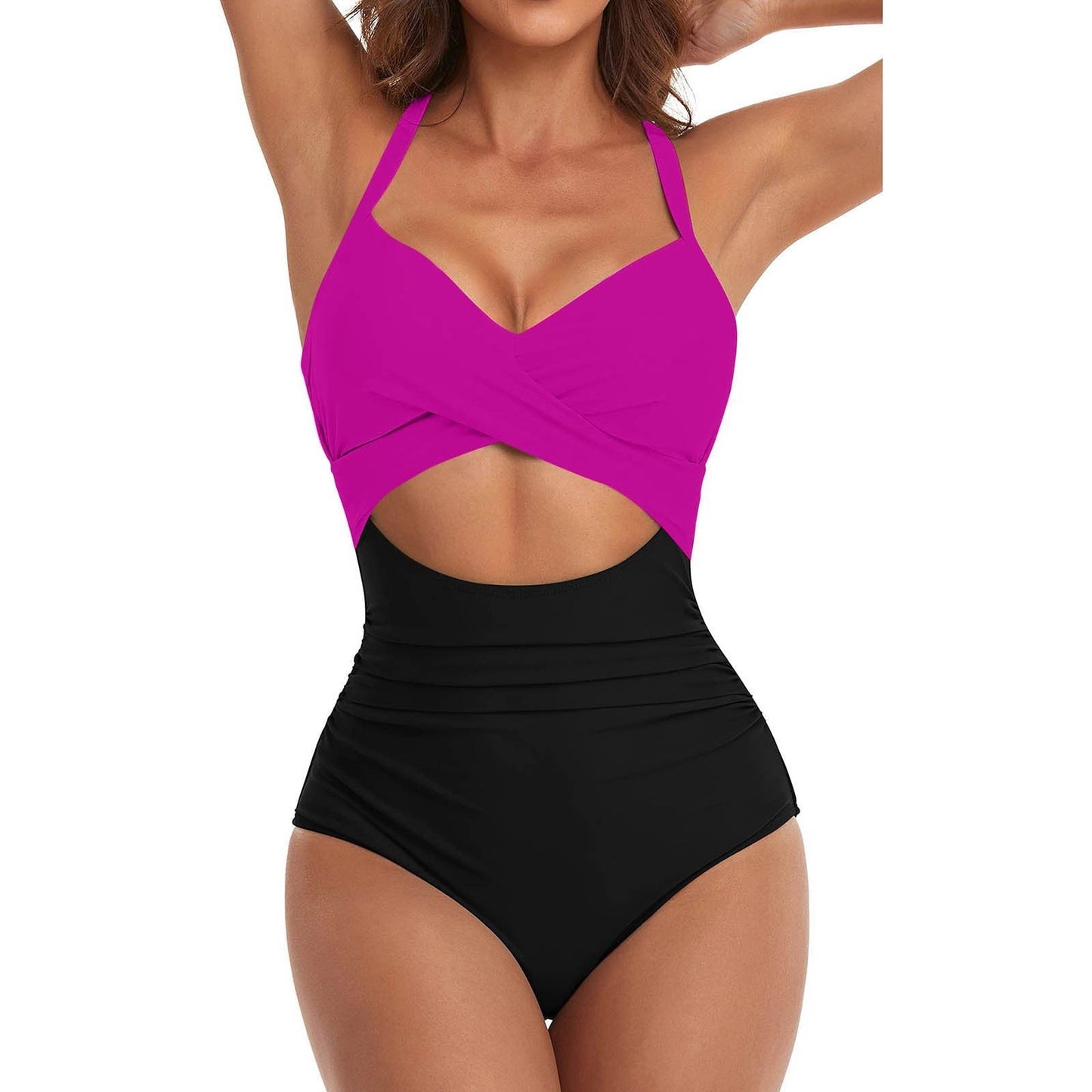 One-piece women's swimsuit – Slim fit – Padded cups – Cross-tie neckline – Trendy cut