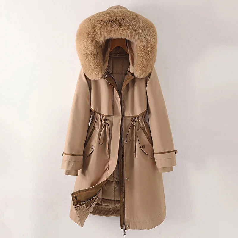 Veste parka femme – Longue coupe ajustable – Capuche à fourrure – Doublure matelassée