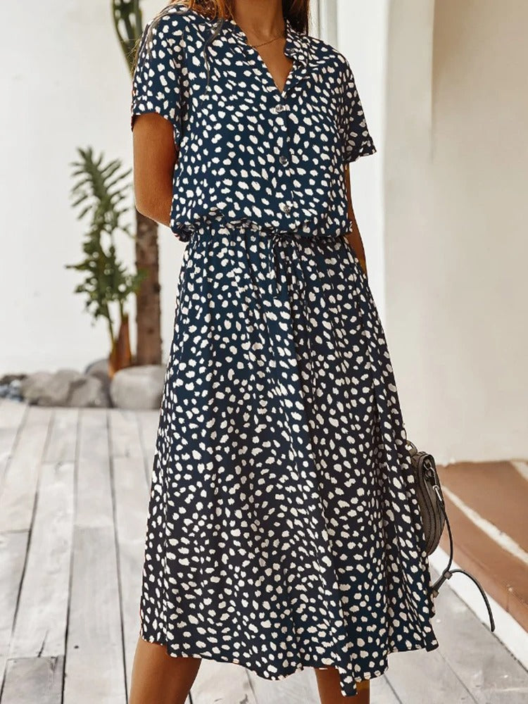 Women's midi dress – Relaxed fit – Breathable fabric – Short sleeves – Buttoned