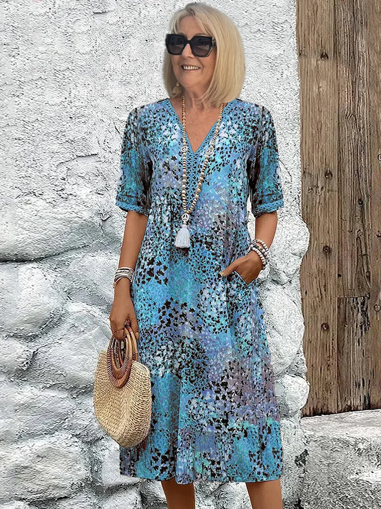 Women's midi dress – Straight cut – V-neck – Elbow-length sleeves – Breathable fabric