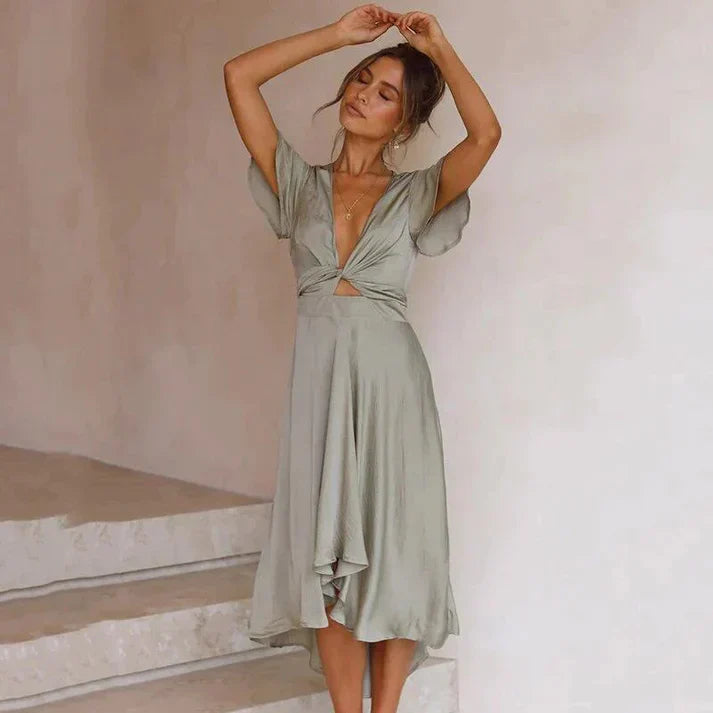 Women's midi dress – Luxurious fabric – Twisted bustier – Ruffled sleeves – Asymmetrical hem
