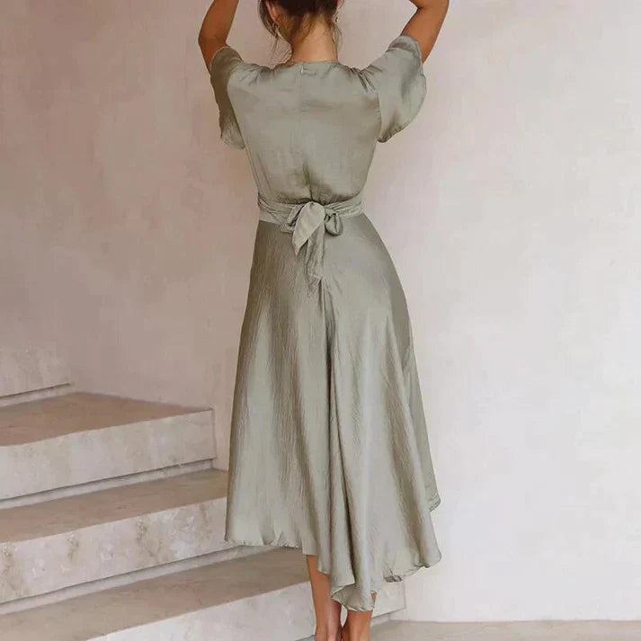 Women's midi dress – Luxurious fabric – Twisted bustier – Ruffled sleeves – Asymmetrical hem
