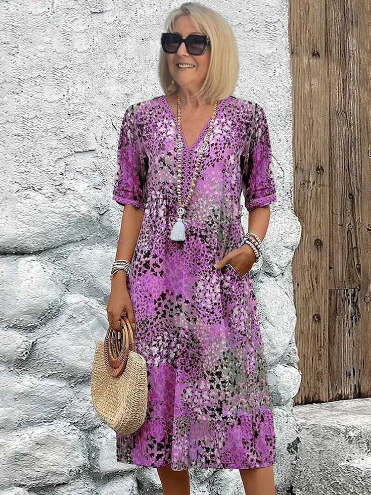 Women's midi dress – Straight cut – V-neck – Elbow-length sleeves – Breathable fabric