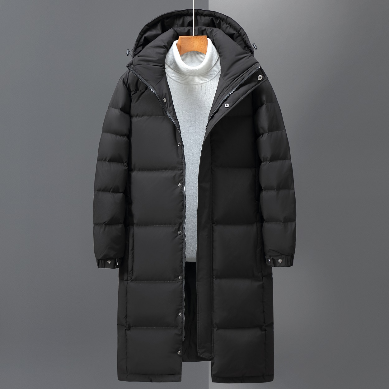 Man Puffer Jacket - Woven Fabric - Stand Collar With Hood - Calf Length