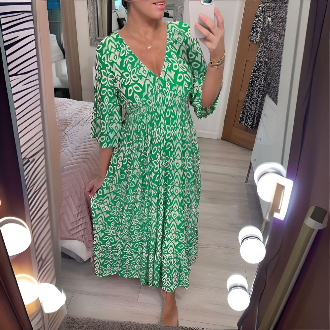 Women's long dress – Loose fit – Bohemian print – V-neck – 3/4 sleeves – Breathable fabric