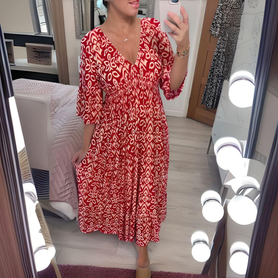 Women's long dress – Loose fit – Bohemian print – V-neck – 3/4 sleeves – Breathable fabric