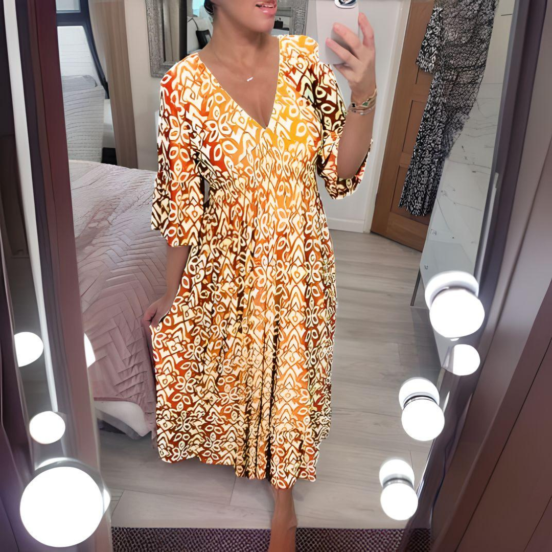 Women's long dress – Loose fit – Bohemian print – V-neck – 3/4 sleeves – Breathable fabric