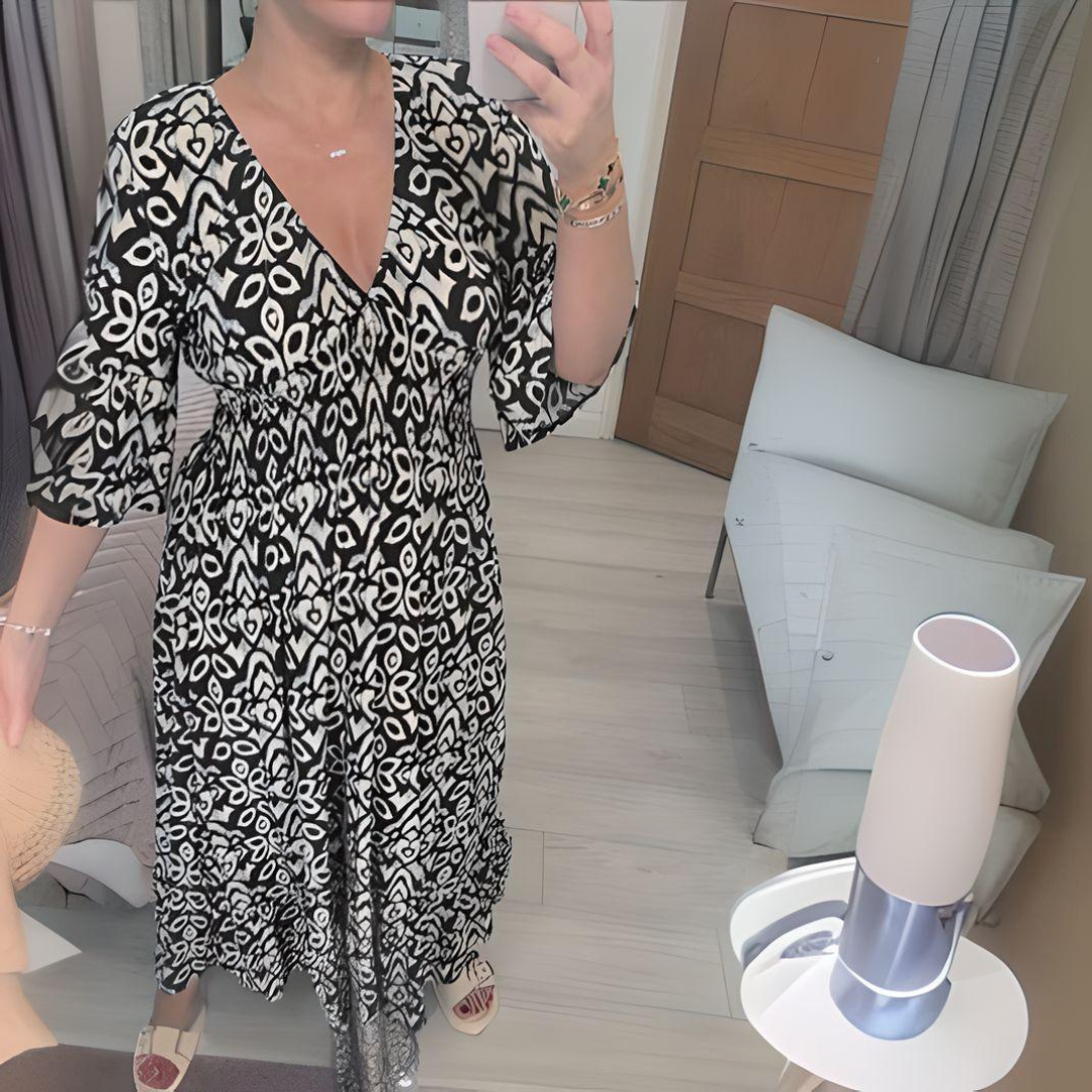 Women's long dress – Loose fit – Bohemian print – V-neck – 3/4 sleeves – Breathable fabric