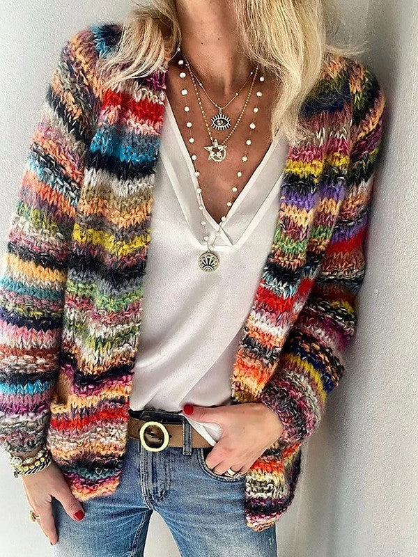 Gilet Femme – Maille Douce – Coupe Décontractée – Manches Longues – Style Ouvert Rayé