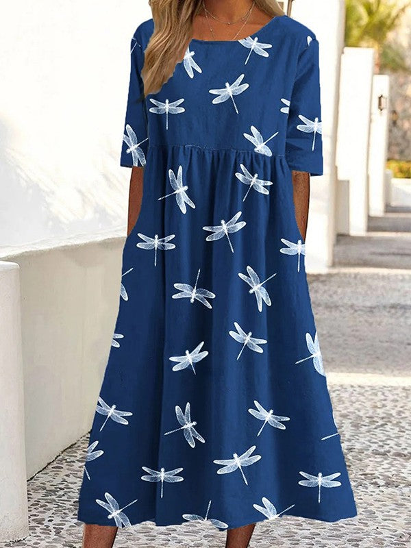 Dress woman midi – Flared cut – Dragonfly print – Short sleeves – Breathable fabric