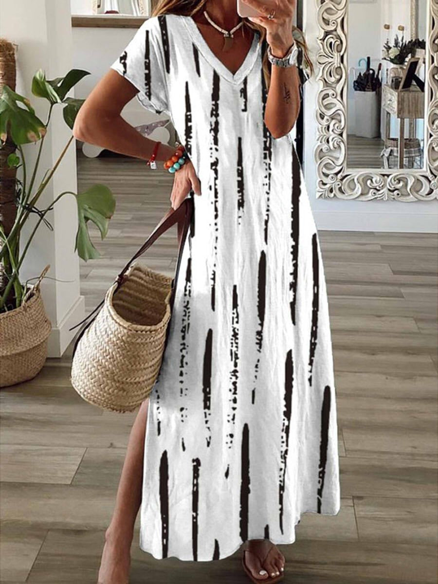Women's long dress – V-neck – Short sleeves – Loose fit – Striped – Lightweight fabric