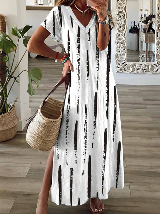 Women's long dress – V-neck – Short sleeves – Loose fit – Striped – Lightweight fabric
