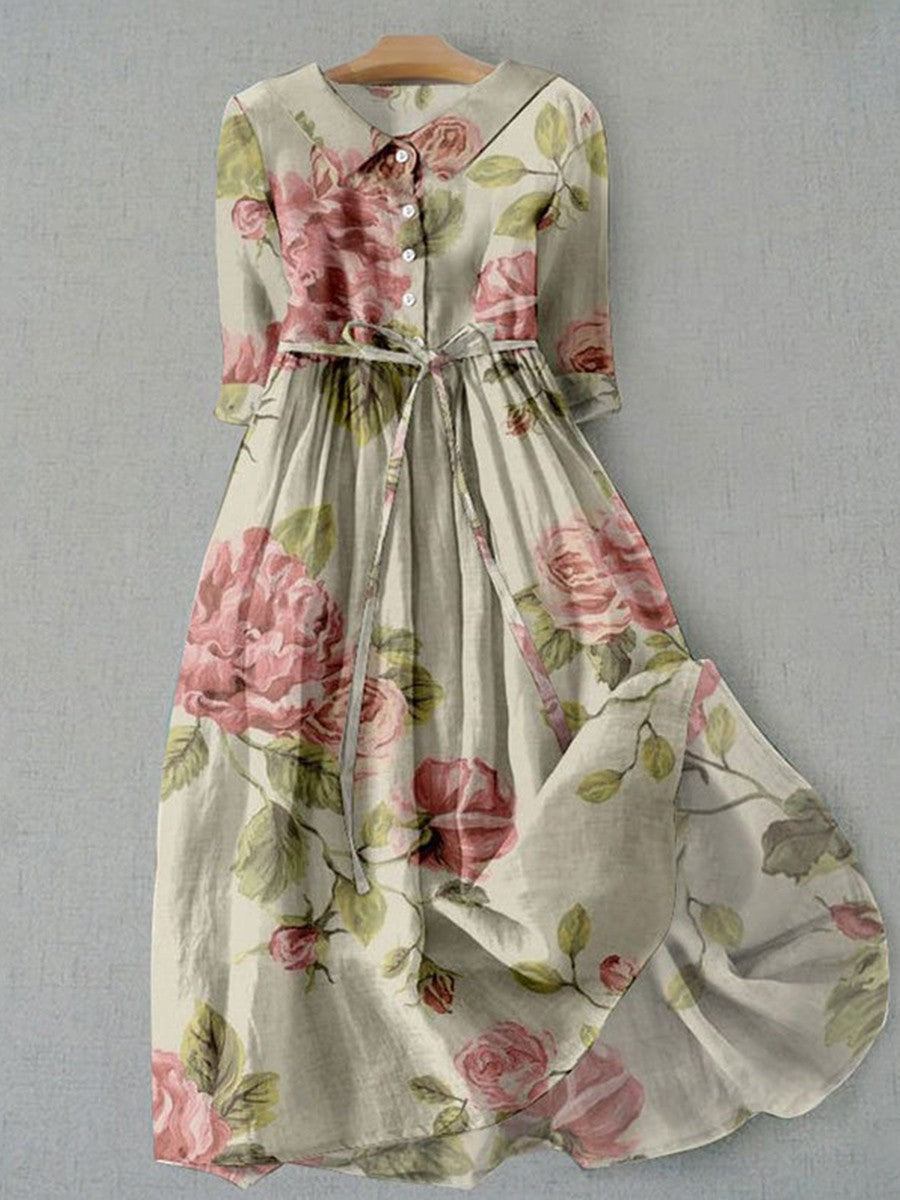 Robe midi femme – Imprimé fleuri vintage – Ceinturée – Manches 3/4 – Tissu respirant