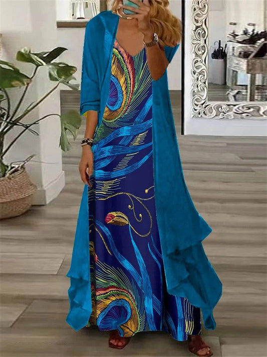 Women's long dress – Fluid cut – V-neck – Long sleeves – Printed set