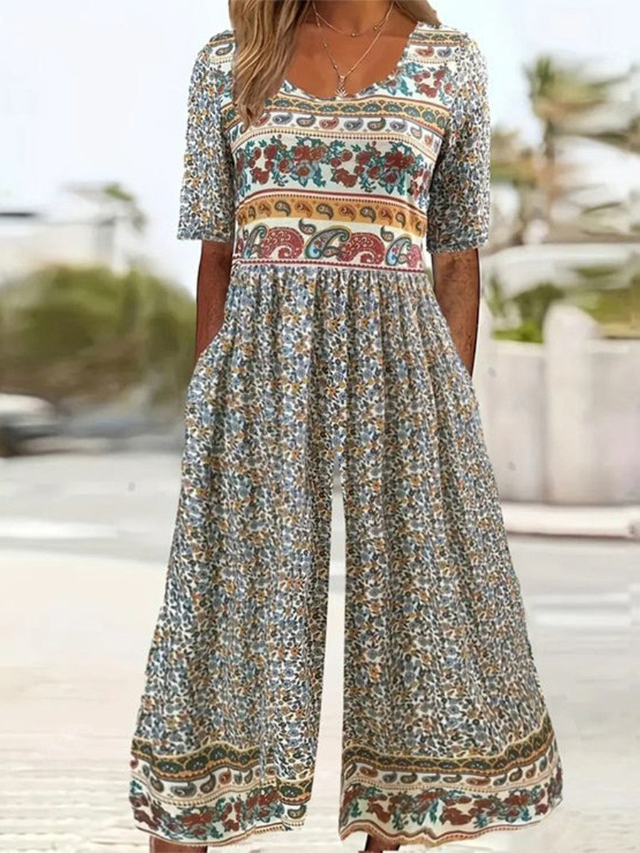 Jumpsuit woman – Loose fit – Breathable fabric – Short sleeves – Bohemian print