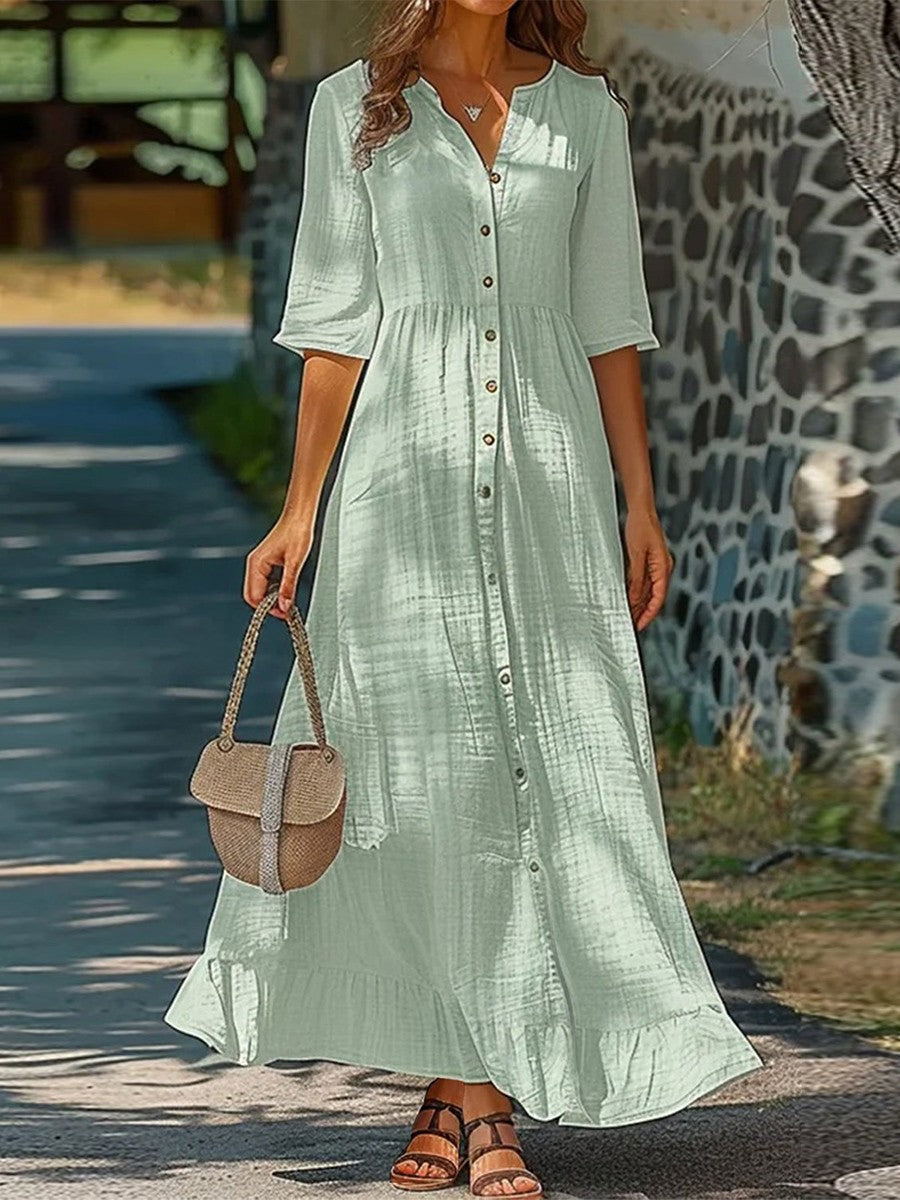 Robe midi femme – Coupe décontractée – Boutonnée – Manches mi-longues – Tissu respirant