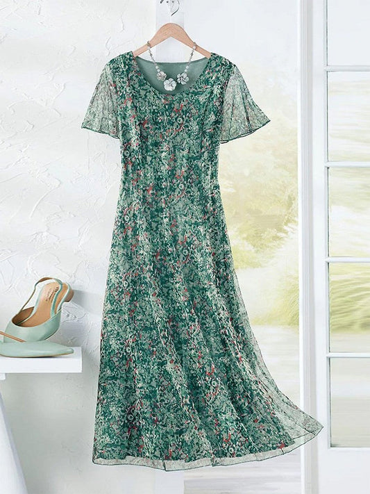 Women's long dress – Bohemian style – Floral print – Short sleeves – Breathable fabric