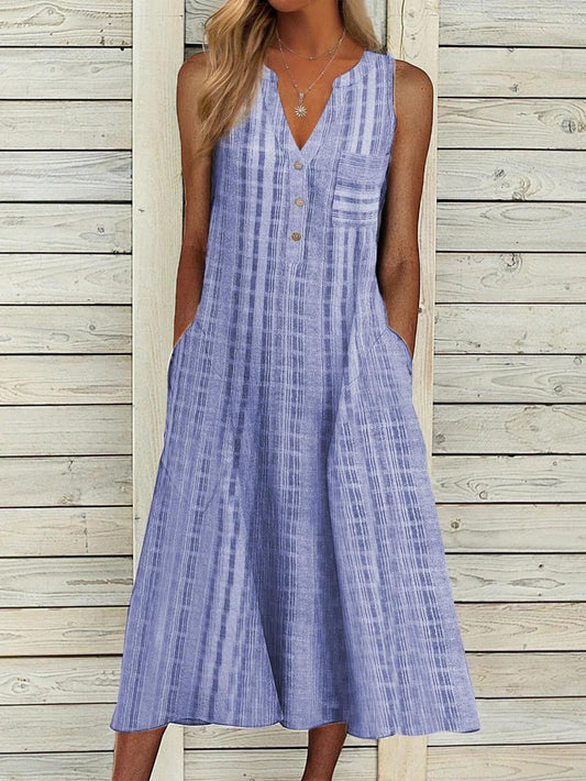 Women's sleeveless dress – Flowing cut – Breathable fabric – V-neck – Buttoned – Midi