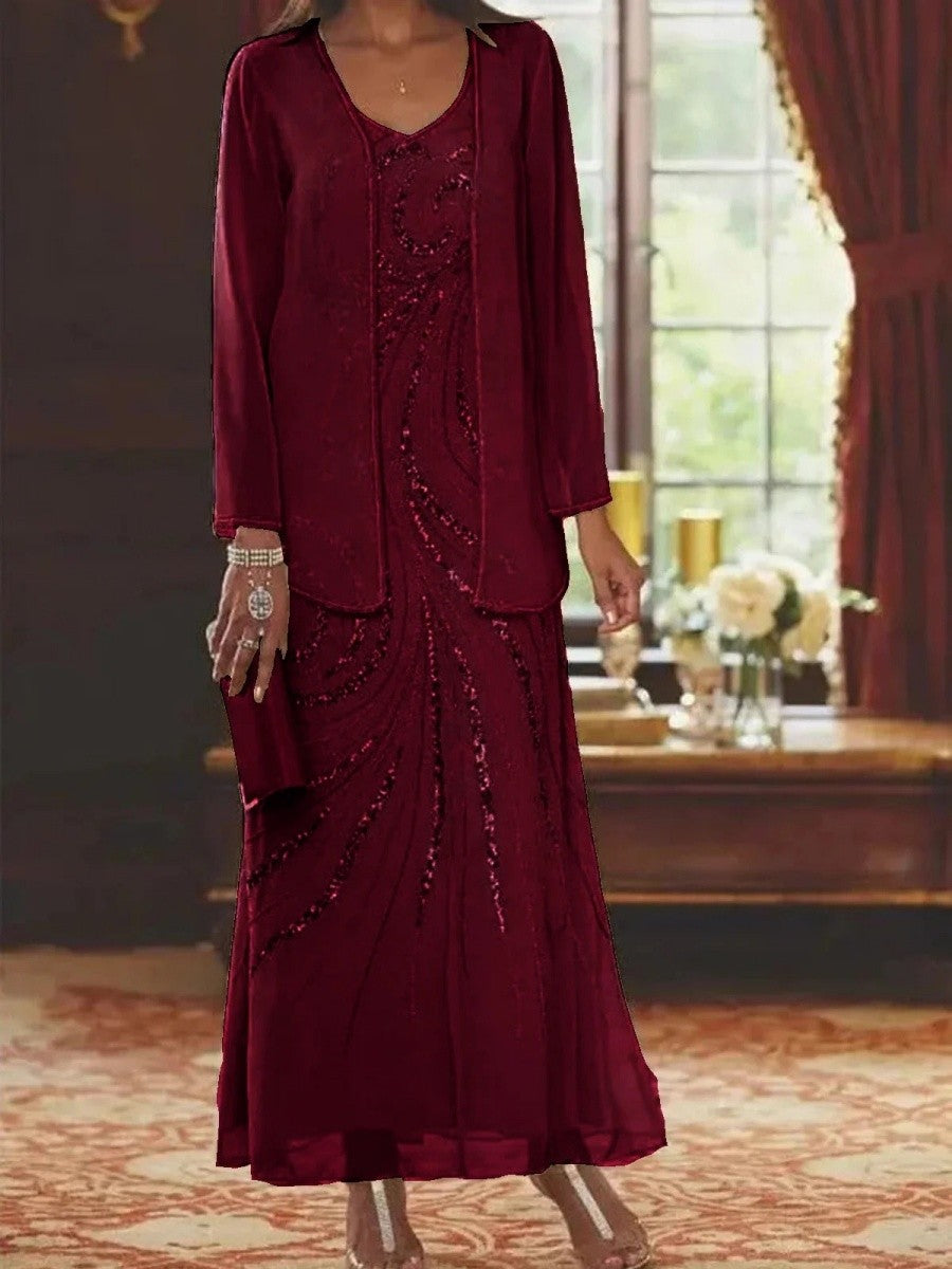 Women's sheath dress – Luxurious embellished fabric – Ankle length – V-neck – Matching jacket