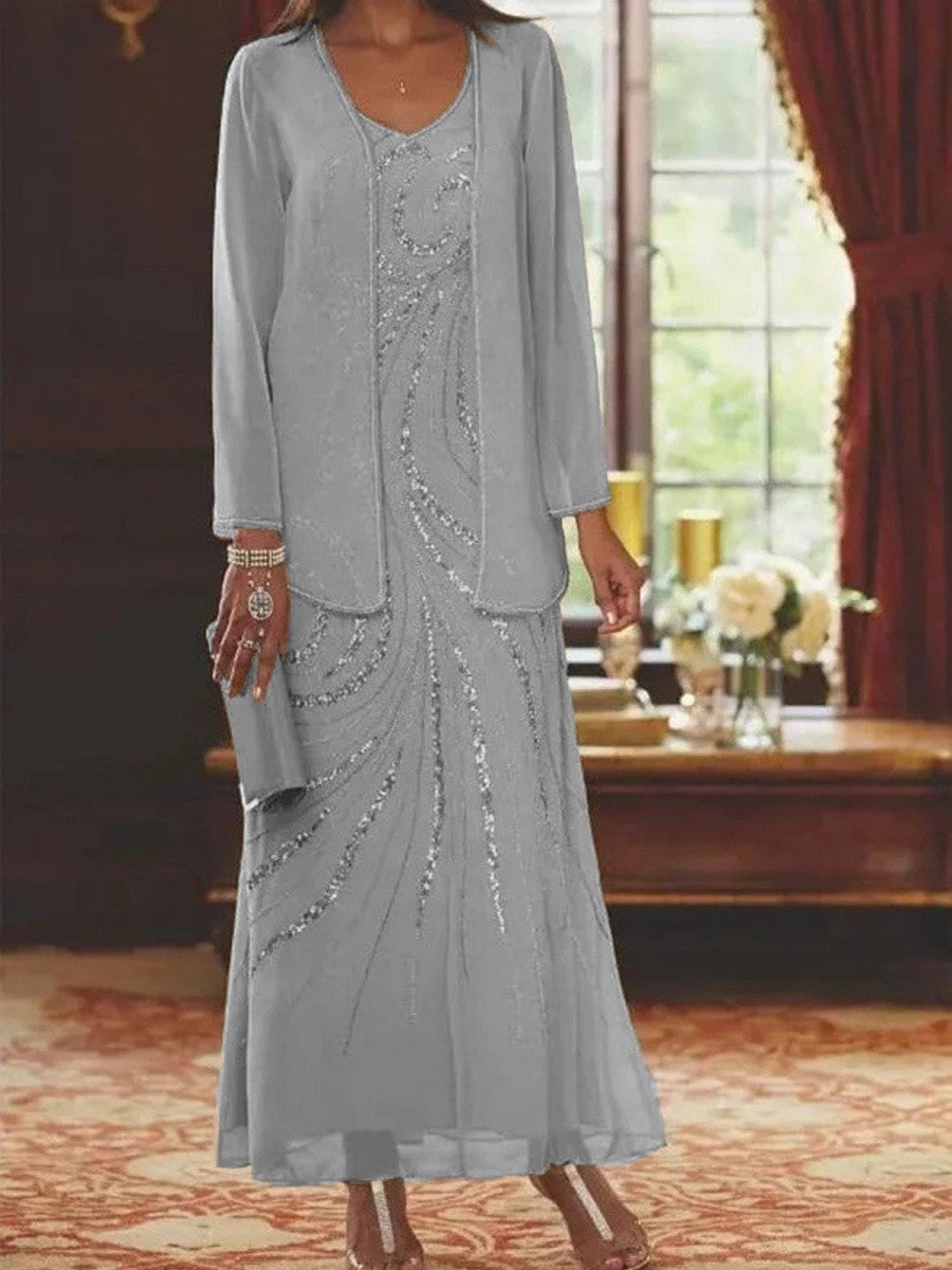 Women's sheath dress – Luxurious embellished fabric – Ankle length – V-neck – Matching jacket